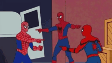 three spider-man are pointing at each other in a room in a cartoon .