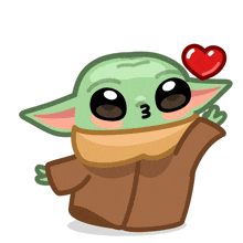 a cartoon drawing of a baby yoda with a red heart on his head