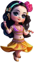 a doll with a flower in her hair is wearing a yellow and purple outfit