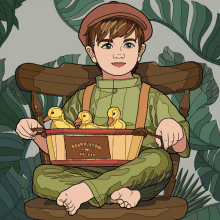 a boy sits in a chair holding a basket of ducklings that says grand jardin on it