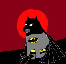 a drawing of a dog dressed as batman with a red sun in the background