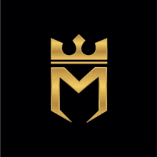 a gold letter m with a crown on top of it on a black background