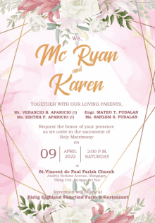 a wedding invitation for mc ryan and karen on april 9th 2022