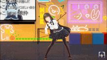 a girl is dancing in front of a sign that says " mikoto "