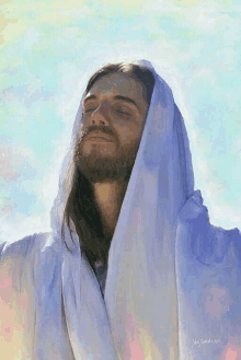 jesus is wearing a white robe with his eyes closed and his arms outstretched .