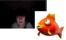 a cartoon fish with a yellow beak next to a man