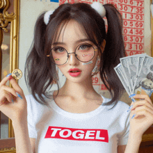 a girl wearing a white t-shirt with the word togel on it