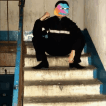 a man is squatting down on a set of stairs with a rainbow mask on his face .