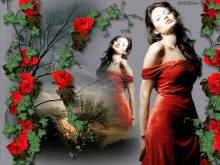 a woman in a red dress is surrounded by red roses with dulces written on the bottom