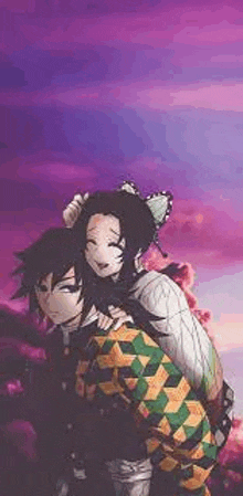 a man is carrying a woman on his back in a anime .