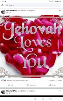 a picture of a heart with the words jehovah loves you