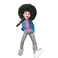 a cartoon character with an afro holding a microphone and wearing a shirt that says good morning