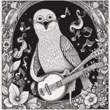 an owl playing a banjo in a black and white drawing