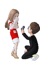 a boy is kneeling down to propose to a girl who is covering her face