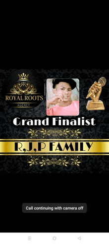 a poster that says grand finalist r.j.p family on it