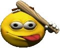 a yellow smiley face is sticking its tongue out while holding a baseball bat .