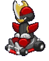 a pixel art drawing of a pokemon wearing a helmet and armor .