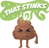 a cartoon illustration of a poop with the words that stinks behind it