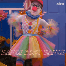 a clown with the words dance boxo dance written on it