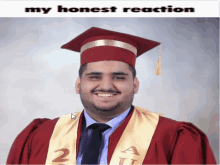 a picture of a man in a graduation cap and gown with the words my honest reaction below him