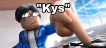 a roblox character is typing on a keyboard and pointing at the camera .