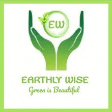 a logo for earthly wise green is beautiful shows two hands holding a sphere