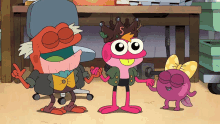 three cartoon characters are standing next to each other with one wearing a crown