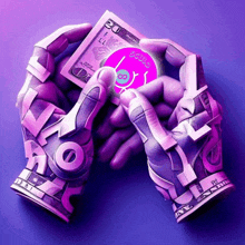 a pair of hands holding a stack of money with a breast on it