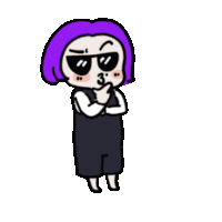 a cartoon of a girl with purple hair wearing sunglasses and overalls .