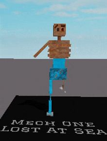 a mech one lost at sea poster with a skeleton in blue shorts