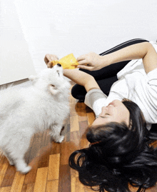 a woman is laying on the floor playing with a small white dog