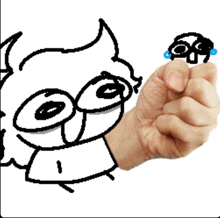 a drawing of a hand holding a cartoon character