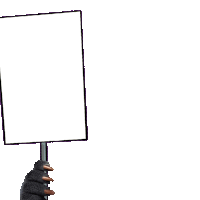 a hand with claws is holding a sign with a white background