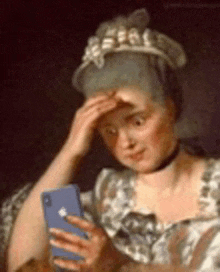 a painting of a woman wearing a tiara looking at a cell phone .