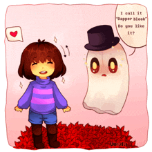 a cartoon of a girl talking to a ghost that says i call it dapper blood