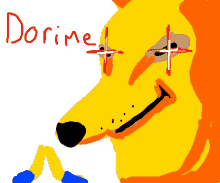 a drawing of a yellow dog with the word dorime written above it