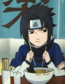 sasuke uchiha from naruto is eating ramen with chopsticks .