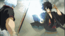 two anime characters are fighting with swords in a pixelated image