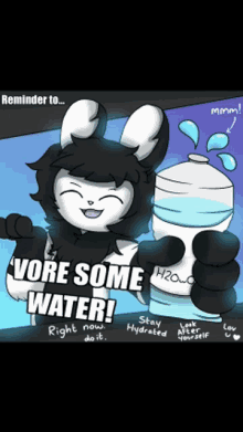 a cartoon of a rabbit holding a bottle of water with the words " vore some water "