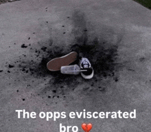 a pair of shoes and a bottle on the ground with the words " the opps eviscerated bro " on the bottom