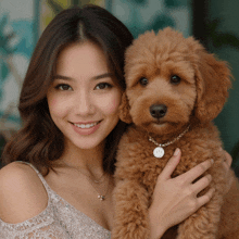 a woman holds a small brown dog with a necklace that says ' elizabeth ' on it