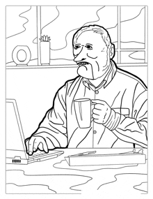 a black and white drawing of a man sitting at a desk using a laptop computer while holding a cup of coffee