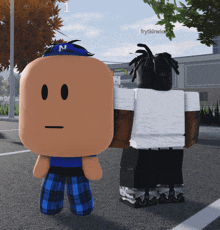 two roblox characters are standing next to each other and one has a n on his shirt