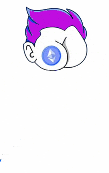 a cartoon of a person with purple hair and a blue eye