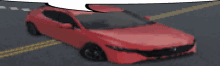 a red car is driving down a road with a speech bubble behind it