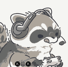 a cartoon drawing of a raccoon wearing headphones and a headset