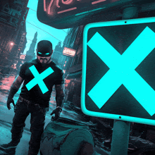 a man in a superhero costume is standing next to a sign that has a cross on it