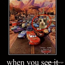 a poster of cars with a hamster in the middle of the picture .