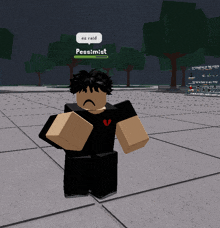 a roblox character with a speech bubble that says " ez raid pessimist "