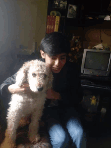 a boy is holding a small white dog in his lap